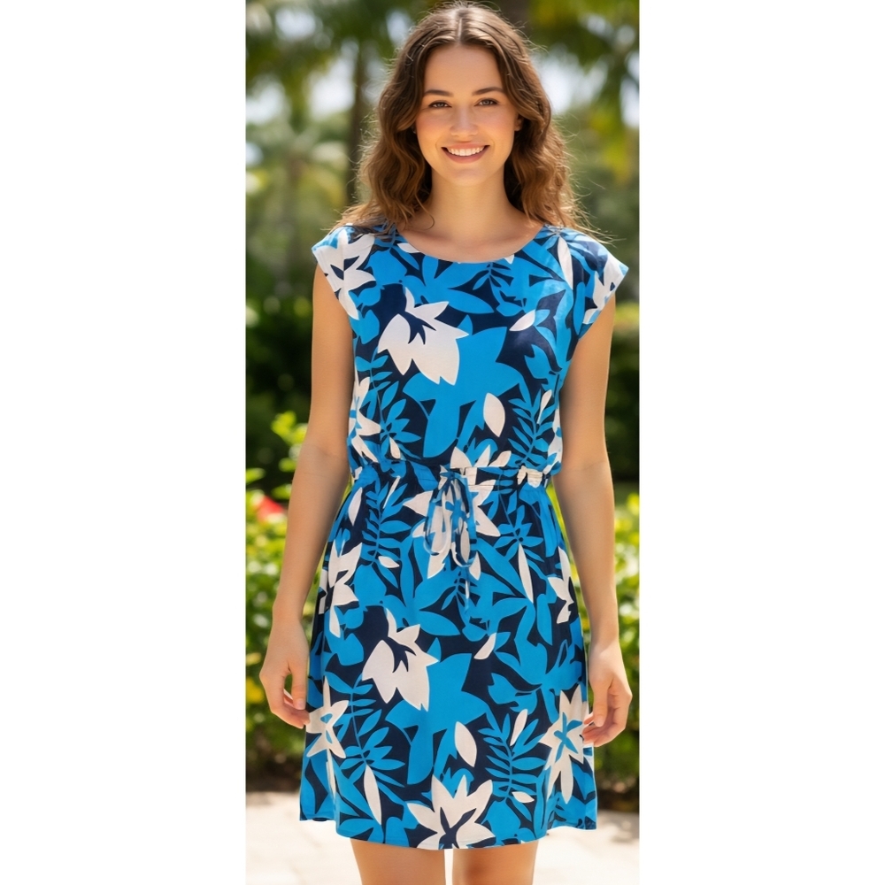 LOFT Outlet Petite Blue Tropical Floral Cinch Waist Rayon Popover Dress
